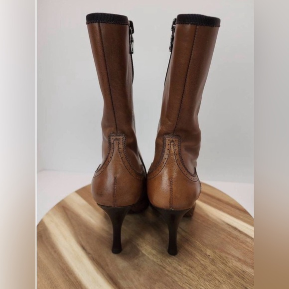 Prada Milano Brown Leather Mid-Calf Heeled Boots with Brogue Toe and Bow - Picture 4 of 8